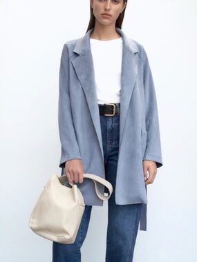 ZARA dusty blue faux suede jacket with tie belt